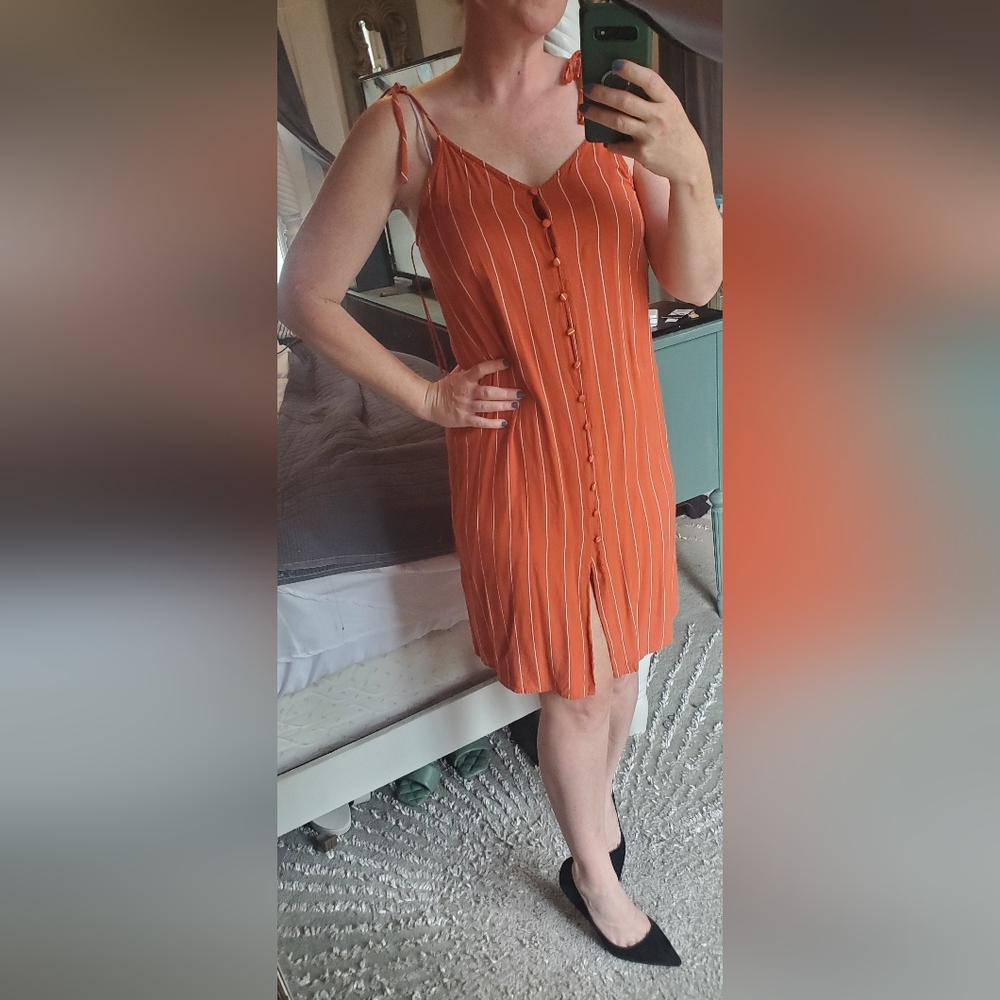 Crescent Orange Pinstriped Button Front Dress